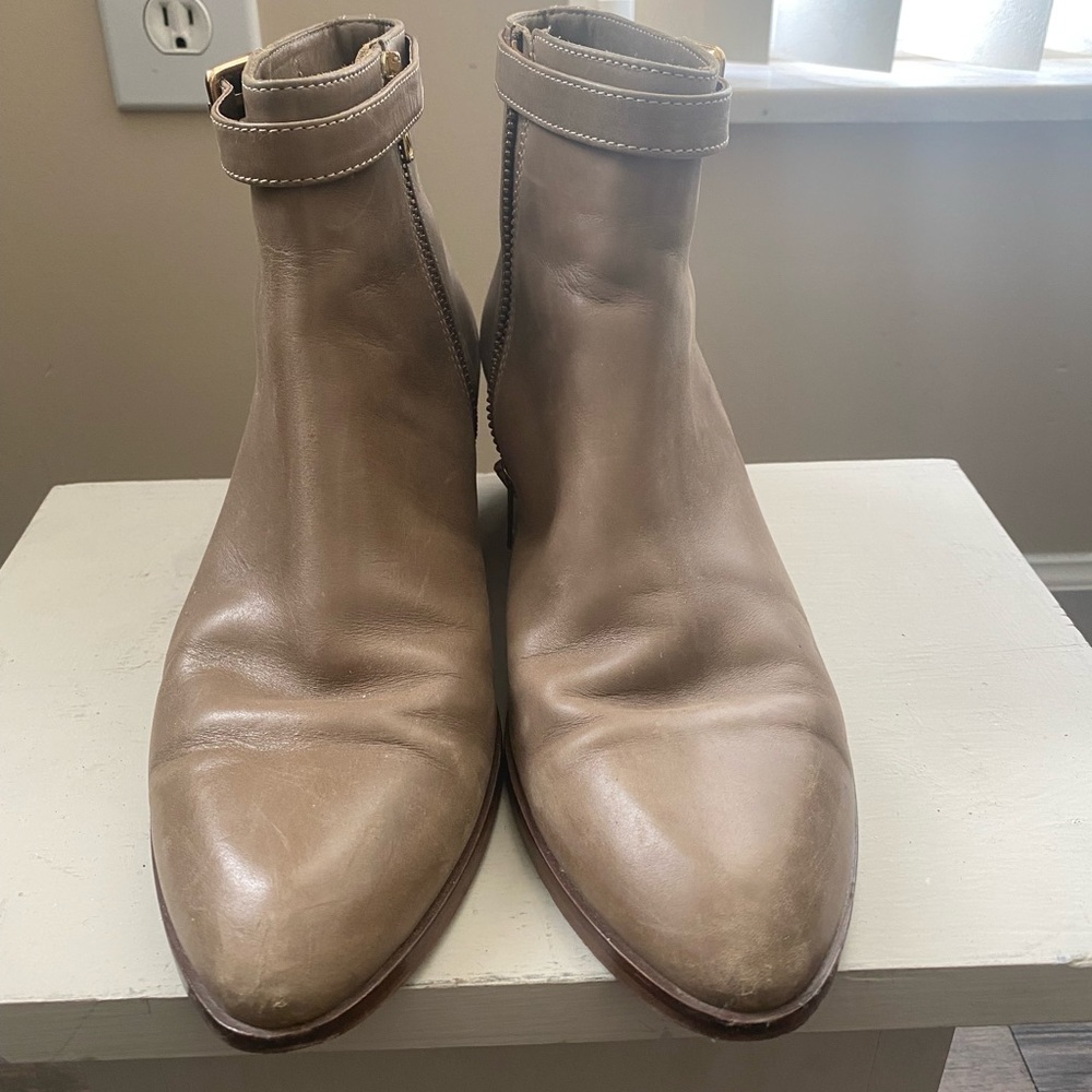 J. Crew Gray Leather Ankle Chelsea Boot w/ Ankle Strap and Gold Hardware- Size 8